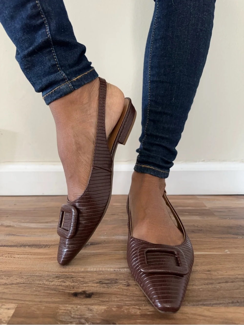 Kensie Brown Textured Pointed Slingback Mules with Buckle